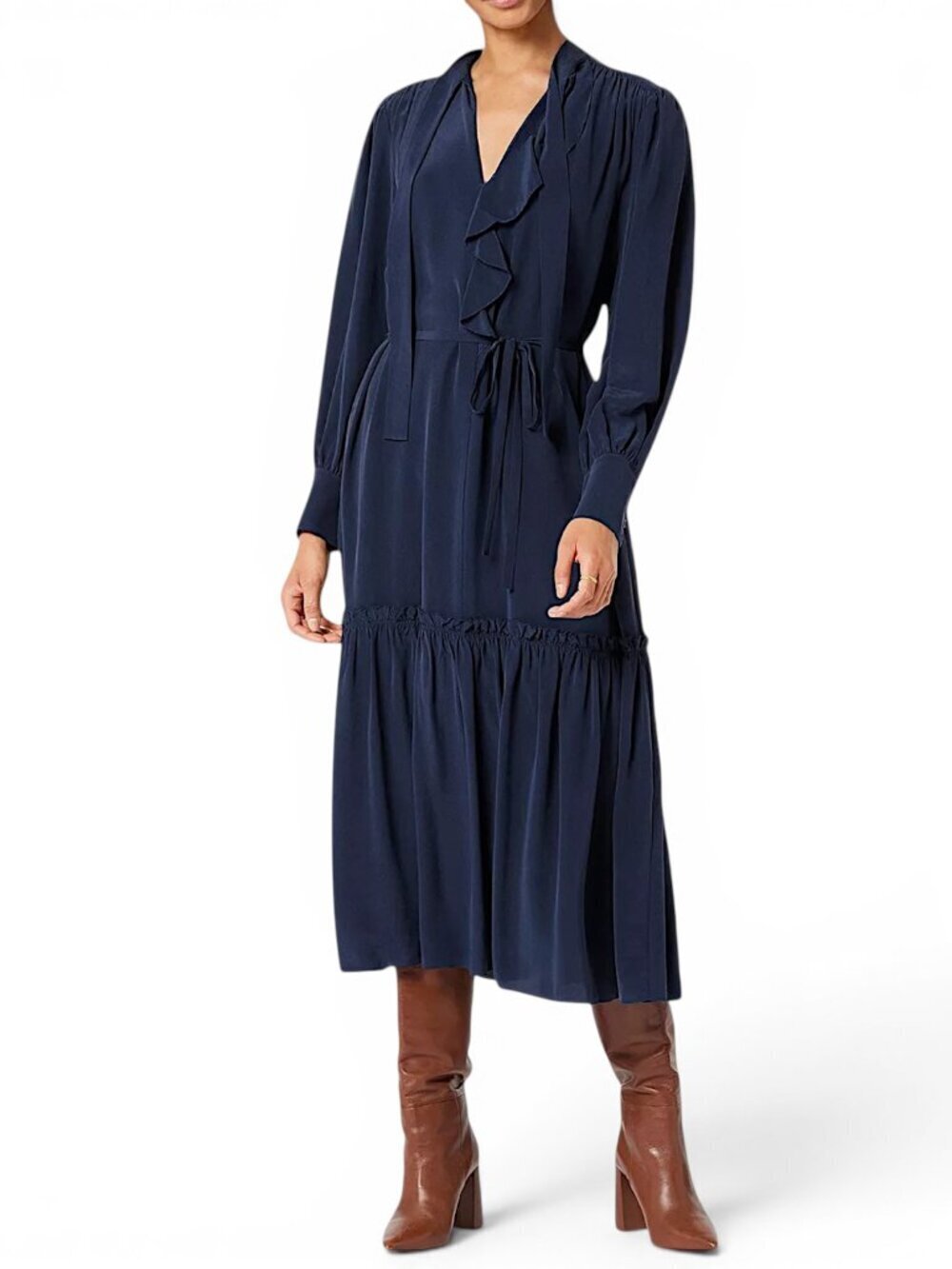 Joie Roussel Navy Blue Midi Silk Flowy Tie Belt Ruffle Trim Dress NWT New XS